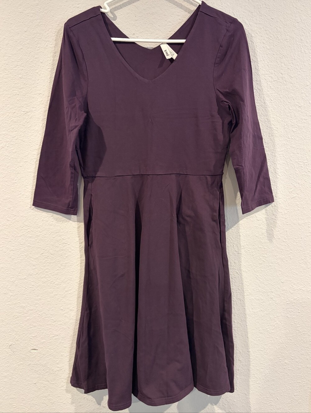 Pact Womens Purple Organic Cotton 3/4 Sleeve Pleated Knee Length Dress Size Med